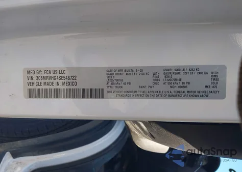 2025 Ram Promaster 3500 Tradesman High Roof 159 Wb W/Pass Seat from USA, damaged, VIN 3C6MRVHG4SE548722